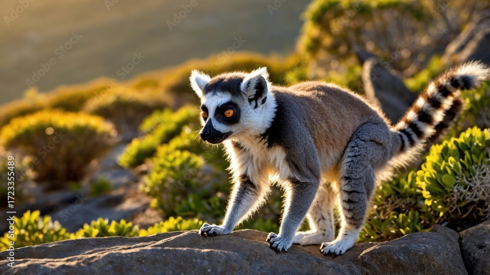 Naklejka premium A curious lemur exploring rocky terrain surrounded by vibrant greenery during sunset