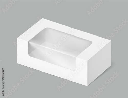 Universal mockup of blank cardboard box with transparent window. Vector illustration isolated on grey background, ready and simple to use for your design. EPS10. 