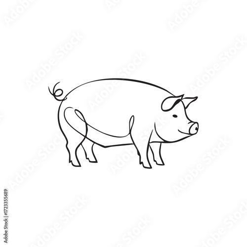 Minimalist line art of a pig with a curly tail on a white background swine animal