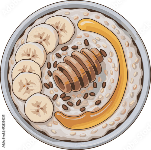 Oatmeal Bowl with Banana Slices, Honey, and Seeds for Healthy Breakfast Nutrition