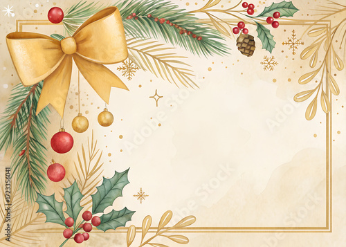 Watercolor-style Christmas background with golden bow, pine leaves, red and gold ornaments, festive berries, soft beige watercolor texture, golden frame with elegant flourishes, wide empty copy space 