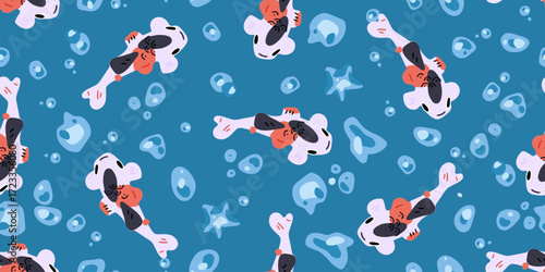 Seamless Koi Fish Pattern Koi fish with water bubbles in flat cartoon style, seamless pattern for backgrounds, wrapping, and textile design.