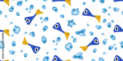 Seamless Blue Fish Pattern Blue fish with bubbles in cartoon flat style, seamless pattern for backgrounds, wrapping, and textile design.
