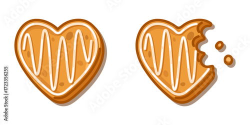 Gingerbread Heart Cookie Heart shaped gingerbread cookie with icing in cartoon flat style, whole and bitten, isolated for design and decoration.