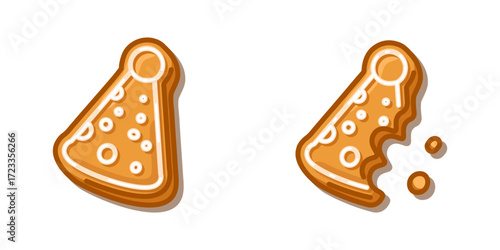 Gingerbread Party Hat Cookie Party hat shaped gingerbread cookie with icing in cartoon flat style, whole and bitten, isolated for design and decoration.