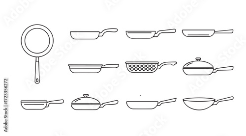 Collection of various kitchen frying pans and a mirror silhouette