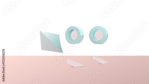 3d rendering of geometric shapes including a pyramid and two torus objects floating in a minimalist scene