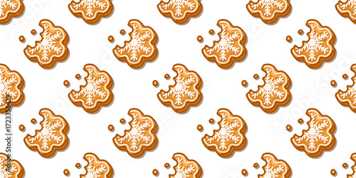Seamless Gingerbread Snowflake Cookie Pattern Seamless pattern with gingerbread cookies shaped like snowflakes decorated with icing featuring bitten crumbs for cozy festive design