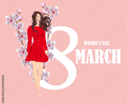 8 march women's day card. Girl and blooming cherry on the pink background