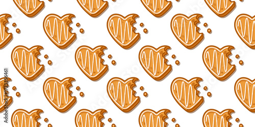 Seamless Gingerbread Heart Cookie Pattern Seamless pattern with gingerbread cookies shaped like hearts decorated with icing showing bitten crumbs for sweet romantic design
