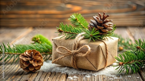 Christmas gift box with pine cones and fir branches
