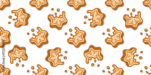 Seamless Gingerbread Snowflake Cookie Pattern Seamless pattern with gingerbread cookies shaped like snowflakes decorated with icing bitten edges and crumbs for cozy festive design