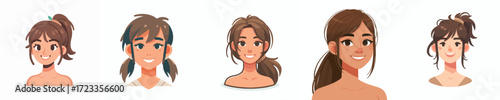 Vector avatar of a young woman's face with ponytail, tanned skin, cheerful expression