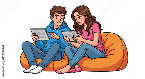 Teenagers Engaging with Tablets A Colorful Illustration of Digital Learning and Connection