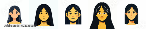 Vector Avatar of a woman's face with long black straight hair, yellow skin, slightly smiling expression
