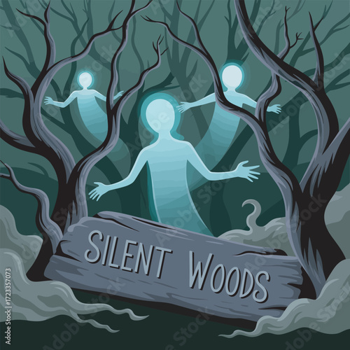Silent Woods Scene with Ethereal Ghosts and a Stone Sign in a Dark and Misty Forest