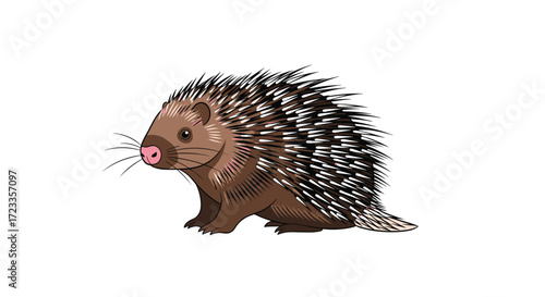 A detailed illustration of a porcupine showcasing its sharp quills and inquisitive expression with a pink nose.