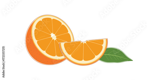 Fresh orange half and slice with a green leaf on a white background.