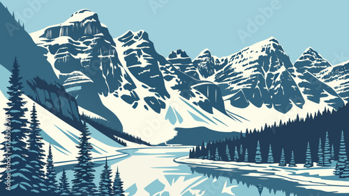 Winter mountain landscape vector illustration with snow covered peaks and frozen lake scenic view drawing art
