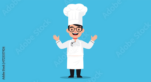 A cheerful chef in uniform stands with open arms and a big smile on a blue background.