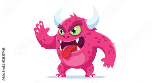 A cartoon monster with pink fur green eyes and horns is raising its hand.