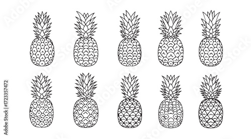 A collection of ten detailed pineapple silhouettes in a grid pattern