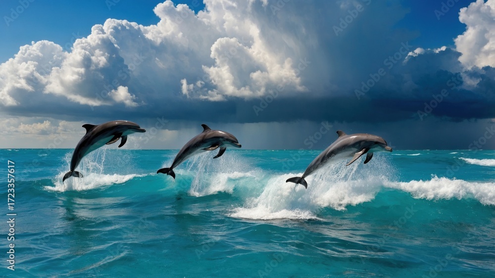 Fototapeta premium Three dolphins gracefully leaping over turquoise waves under a dramatic sky with storm clouds