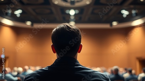 A lone listener in an auditorium, attentively focused under a soft spotlight from above.
