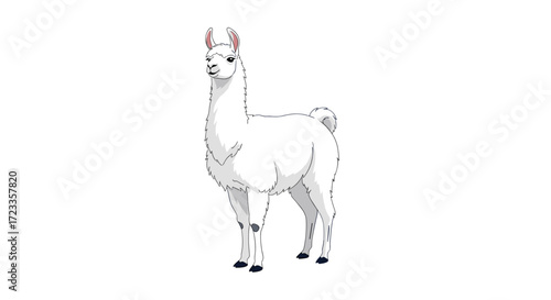A gentle white llama stands proudly on a clean white background showcasing its fluffy coat and elegant long neck.