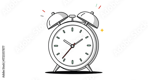 A vintage metal alarm clock rings loudly on a white background.