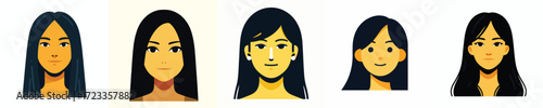 Vector Avatar of a woman's face with long black straight hair, yellow skin, slightly smiling expression