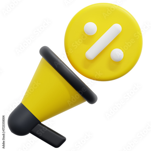 Discount Alert! Megaphone Announcing Percentage-Off Promotions for Online Shopping and Special Offers on Yellow Background