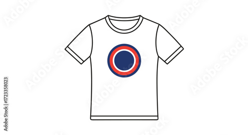 A white t-shirt with a target design in the center featuring concentric blue and red circles surrounded by a white border.