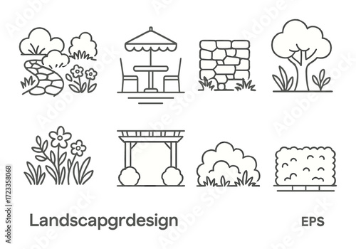 Garden design elements — trees, flowers, gazebo, bush, stone wall, outdoor seating