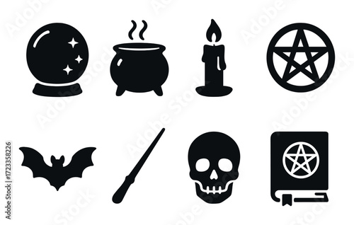 Dark icons: cauldron, candle, pentagram, bat, wand, skull, book with occult symbols