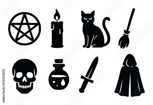 Witchcraft symbols: pentagram, candle, cat, broom, skull, potion, dagger, cloak on dark background