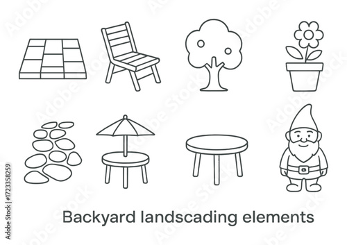 Outline illustrations of backyard landscaping elements with tree and gnome