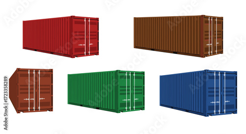 A collection of five different colored shipping containers arranged in a grid. 