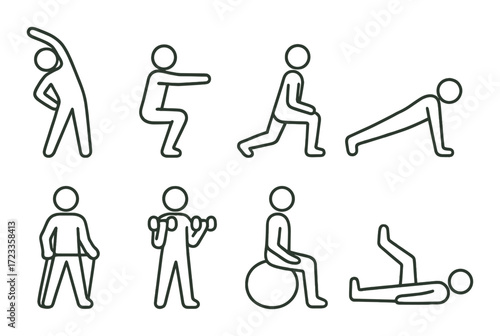 Stick figure workout routine illustrations depicting various exercise positions