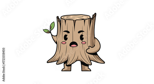 This is a cartoon illustration of a cute and expressive tree stump character waving.
