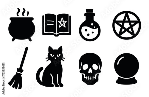 Mystical symbols: cauldron, potion, pentagram, broom, cat, skull, crystal ball