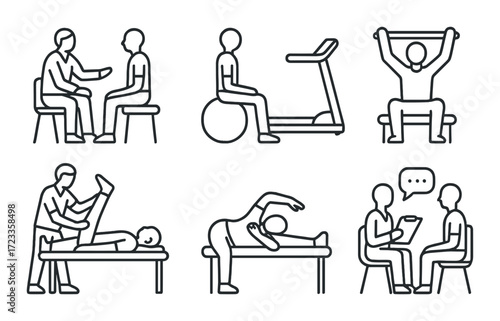 Physiotherapy icons depicting exercises and consultations for therapeutic recovery