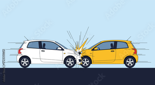 Two cars in a head-on collision on a busy road causing damage.