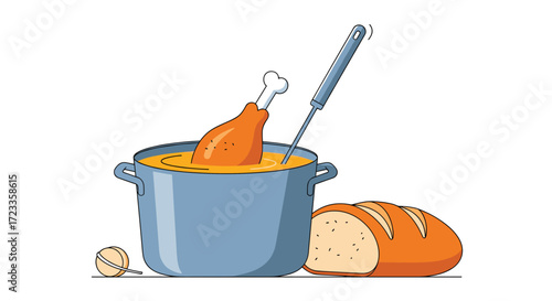 Delicious chicken leg being fried in a pot of hot oil with bread and spices nearby.