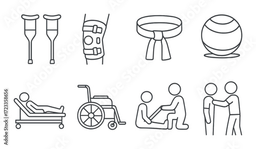 Medical and rehabilitation icons: crutches, wheelchair, therapy, braces, belt, exercise ball