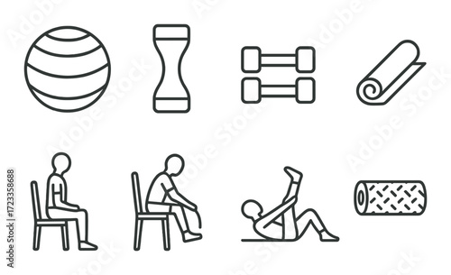 Exercise and fitness equipment icons with seated stretches illustrations