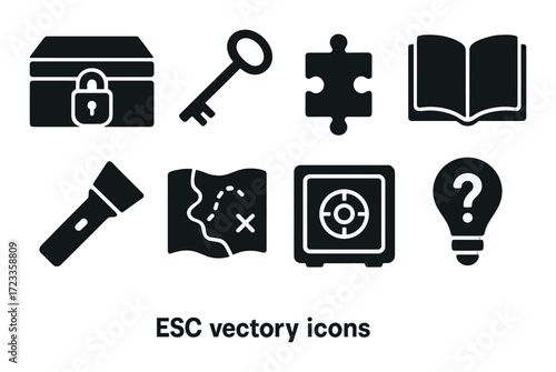 Escape room icon set: key, puzzle, book, flashlight, map, safe, lightbulb
