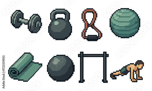 Pixel art fitness: weights, kettlebell, jump rope, exercise ball, yoga mat, stability ball, pull-up bar, push-up