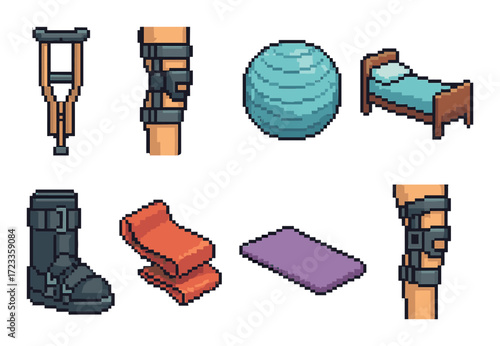Pixel art rehabilitation: crutches, leg braces, exercise ball, and physical therapy equipment