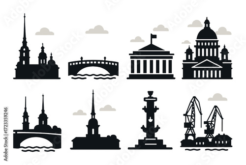 Silhouette of iconic saint petersburg landmarks with subtle lighting and clouds